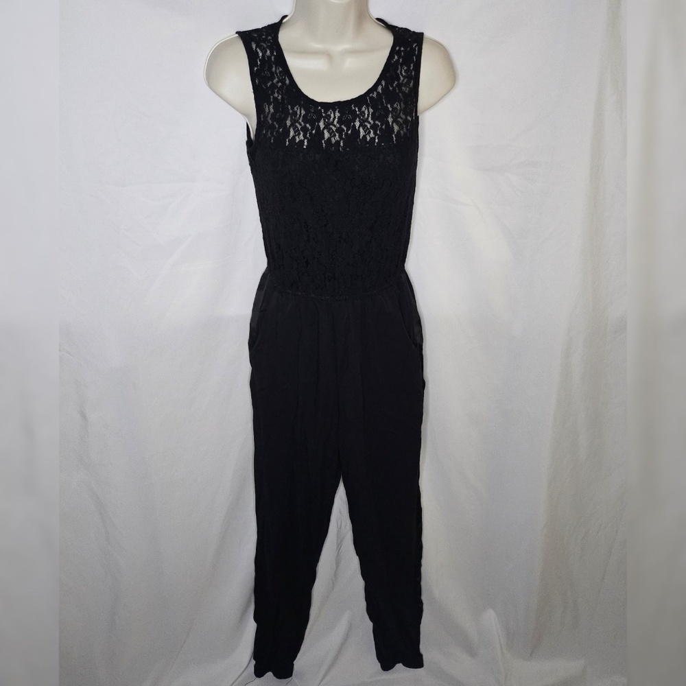 Womens Studio Y Black Lace Bodice Sleeveless Jumpsuit Side Stripe Pockets Size M